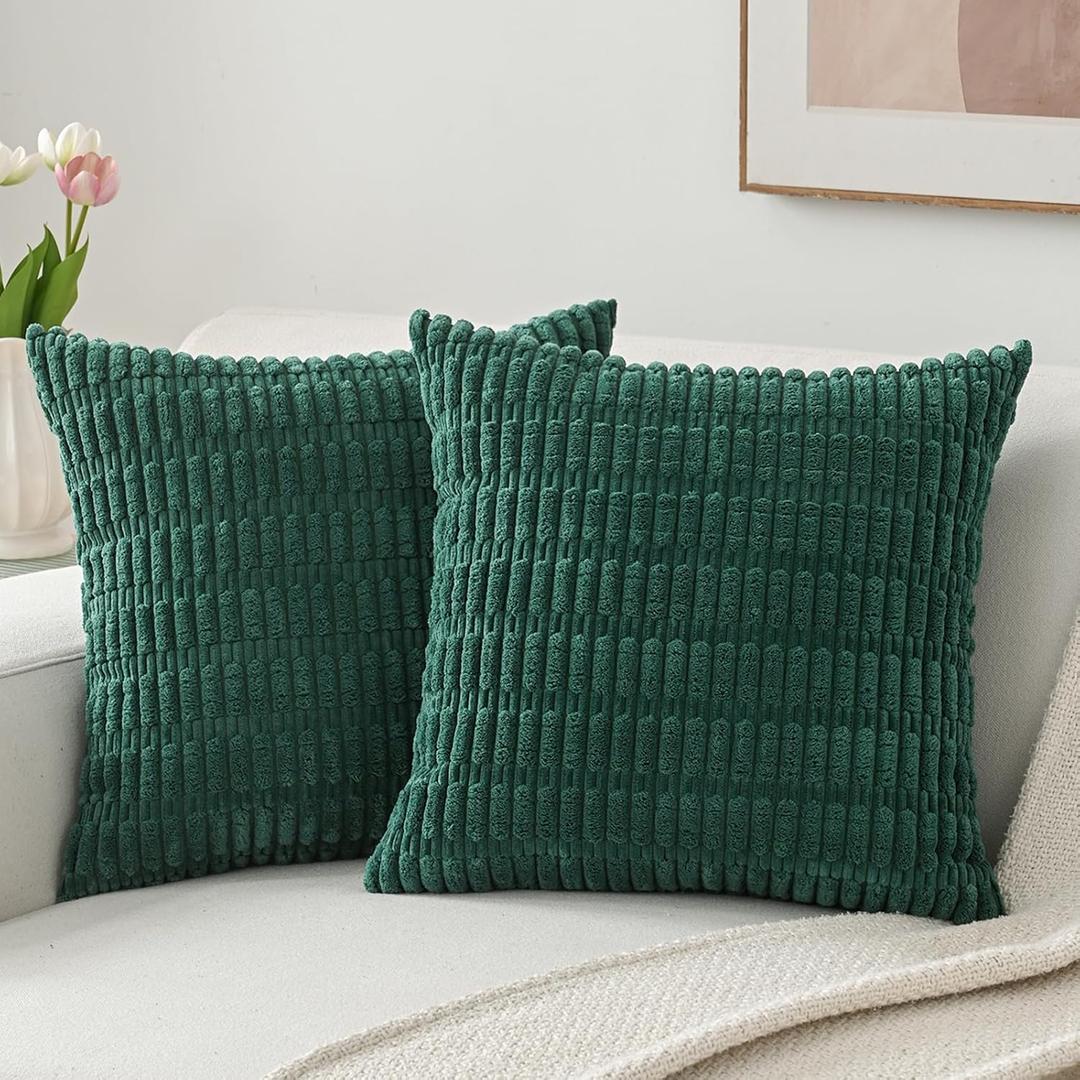 Volcanics Pack of 2 Corduroy Decorative-Throw-Pillow-Covers-18x18, Soft Striped Square Cushion Cases, Modern Farmhouse Boho Home Decor, Dark Green