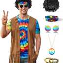 Mainfini Mens 60s 70s Outfits Hippie Costume Retro Colorful Themed Party Shirt (2XL)