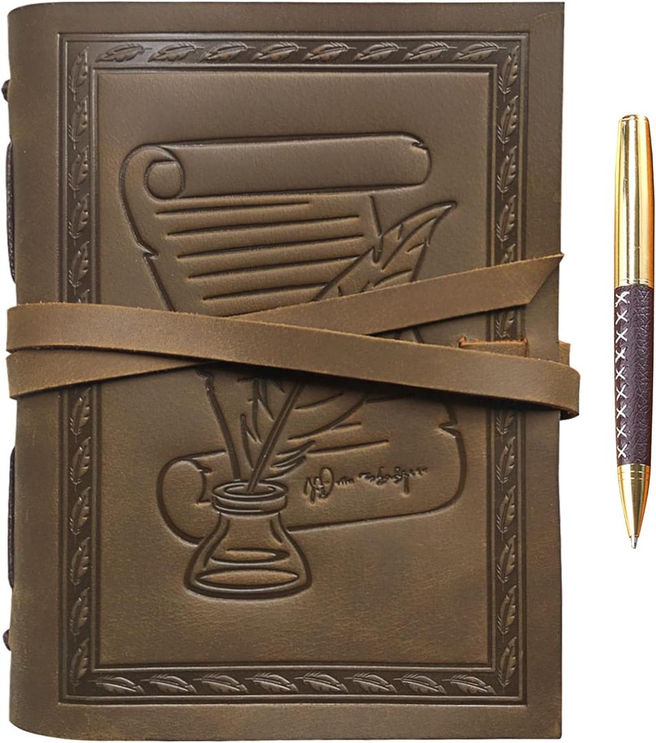 Leather Bound Journal for Men and Women, Handmade Gift Set for Writing, Feather Quill & Ink Pot Embossed Journal and Stylish Pen, A5 Vintage Notebook, Shakespeare Sketchbook, Planner, Diary 8x6"