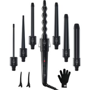 7 in 1 Curling Wand Set: Ohuhu Curling Iron Wand 7Pcs 0.35 to 1.25 Inch Interchangeable Ceramic Barrel Heat Protective Glove 2 Clips Dual Voltage Hair Curler for Girls Women Mother Gift Black