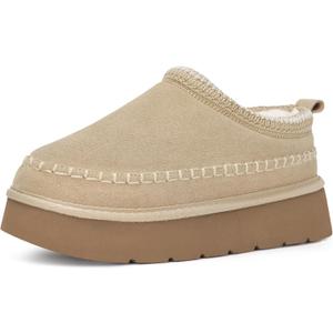 Womens Platform Slippers Ankle Mini Boots Water Resistant Genuine Suede Snow Winter Slippers Fur Fleece Lined Sneakers Cozy Outdoor Warm Slip On House Shoes (39, Apricot)