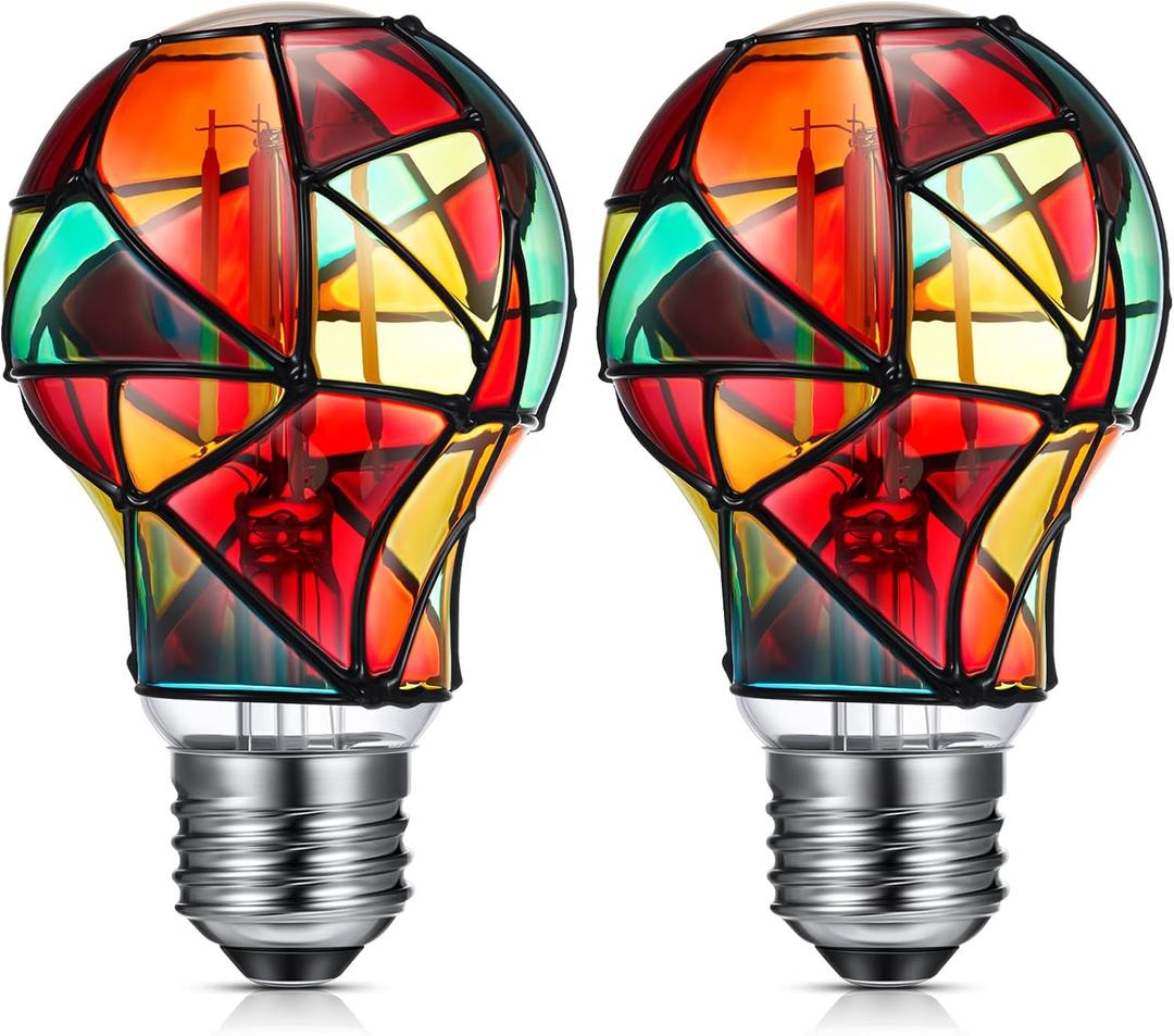 Baquler 2 Pcs LED Stained Glass Bulb A19/A60 3.5w E26 Base Colorful Light Bulb 120v for Christmas Xmas Indoor Home Balcony Garden Party Decoration(Classic)