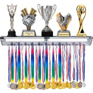 LAVIEVERT Gymnastic Medal Hanger with Storage Shelf, Wooden Wall-Mounted Trophy Shelf, Race Medal Display Rack Holder with 23 Hanging Bars