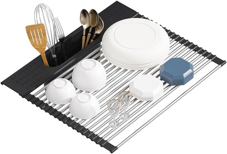 Roll Up Dish Drying Rack Over Sink, 20" X 15.2" Foldable SUS304 Stainless Steel Kitchen Dish Drainer, Heat-Resistant Multipurpose Rolling Sink Rack Organizer, Black, Black20" X 15.2"