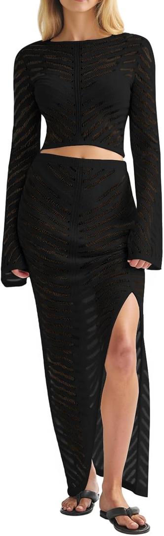 Fisoew Womens 2 Piece Swimsuit Coverup Summer Hollow Out Crop Tops Maxi Skirt Sets Bathing Suit Beach Vacation Outfits (Small, Black)
