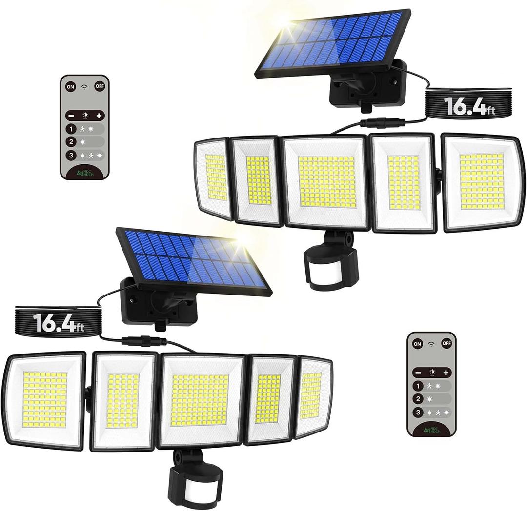Solar Motion Lights Outdoor - with 16.4ft Cable, 3000LM LED Security Lights for Outside Dusk to Dawn, 2400mAh IP65 Waterproof Flood Lights with Remote for Court Yard Garage Front Door