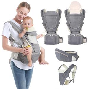 Baby Carrier, 6-in-1 Newborn to Toddler Carrier(7-50lbs), Front & Back Carrier with Detachable Hip Seat, Soft & Adjustable, All Seasons, Ideal for Mom & Dad, Perfect for Shopping & Travel (Grey)