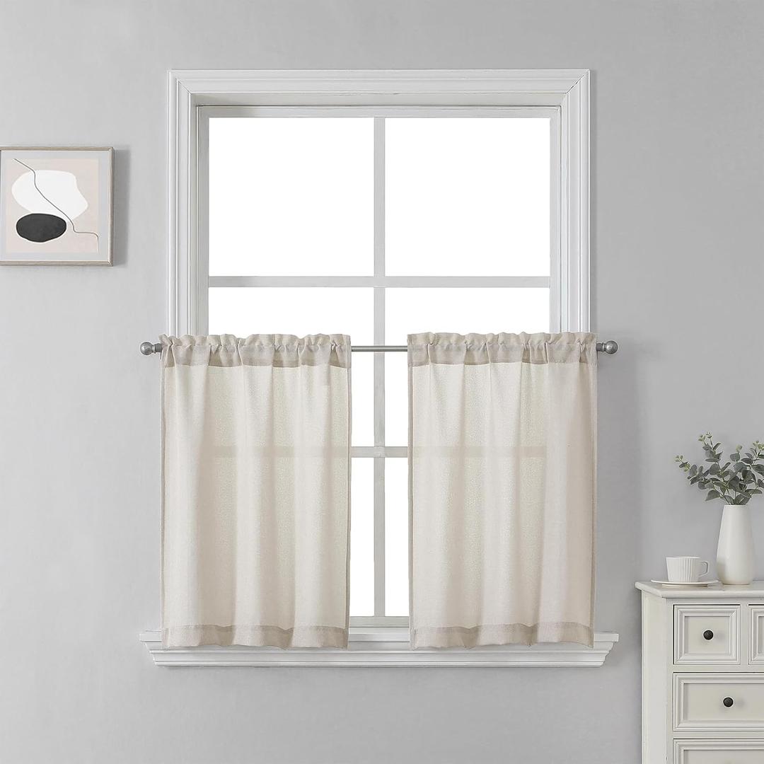 SeeGlee Country Faux Linen Curtains 36 Inch Length for Small Window Coverings - Beige Rod Pocket Semi Translucent Short Curtains for Bathroom Laundry Room W26 x L36 2 Panels