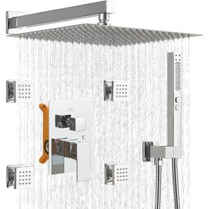 RUMOSE Rainfall Shower System with 4 Body Jets Wall Mounted 4 Mode Shower Faucet Set with 12 Inch Rain Shower Head and 2 in 1 Handheld Spray, Polished Chrome Brass Shower Fixtures, Rough-in Valve