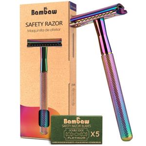 Bambaw Double Edge Safety Razor with 5 Safety Razor Blades, Women & Mens Safety Shaving Razor, Reusable Razor, Plastic Free  Rainbow