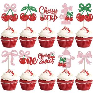 24 Pcs Cherry One Cupcake Toppers Cherry On Top Cupcake Toppers Glitter Sweet Cherry Cupcake Picks Decorations for Fruit Theme Baby Shower Birthday Party Cake Decorations (Design-1)