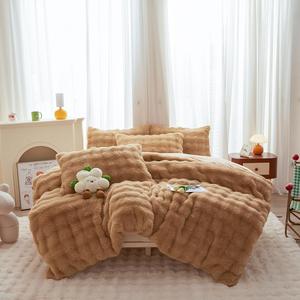 chovy Coffee Rabbit Plush Faux Fur Bread Grid Comforter Sets Twin/Full - 3PC Bed Set Ultra Warm Soft Skin Friendly Flannel Velvet Fluffy Fuzzy BeddingComforter x 1 Pillowcases x 2
