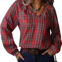 GORGLITTER Women's Plaid Shirt Long Sleeve V Neck Vintage Fall Blouses Bishop Going Out Tops (L)