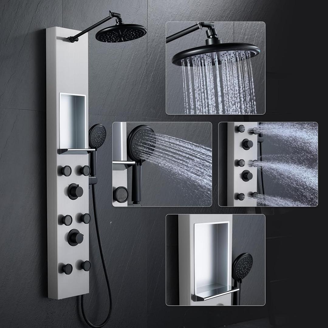 POPFLY Shower Panels System with 8-inch Rainfall Shower and Shelf, Shower Tower with Adjustable Head, 6 Body Jets and 5-Setting Handheld Shower, Brushed Nickel, Stainless Steel