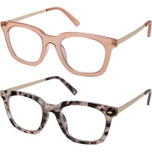 AMOMOMA Retro Square Blue Light Blocking Reading Glasses for Women Vintage Computer Prescription Readers AM6033 (C2 Transparent Brown+c3 Grey Tortoise)