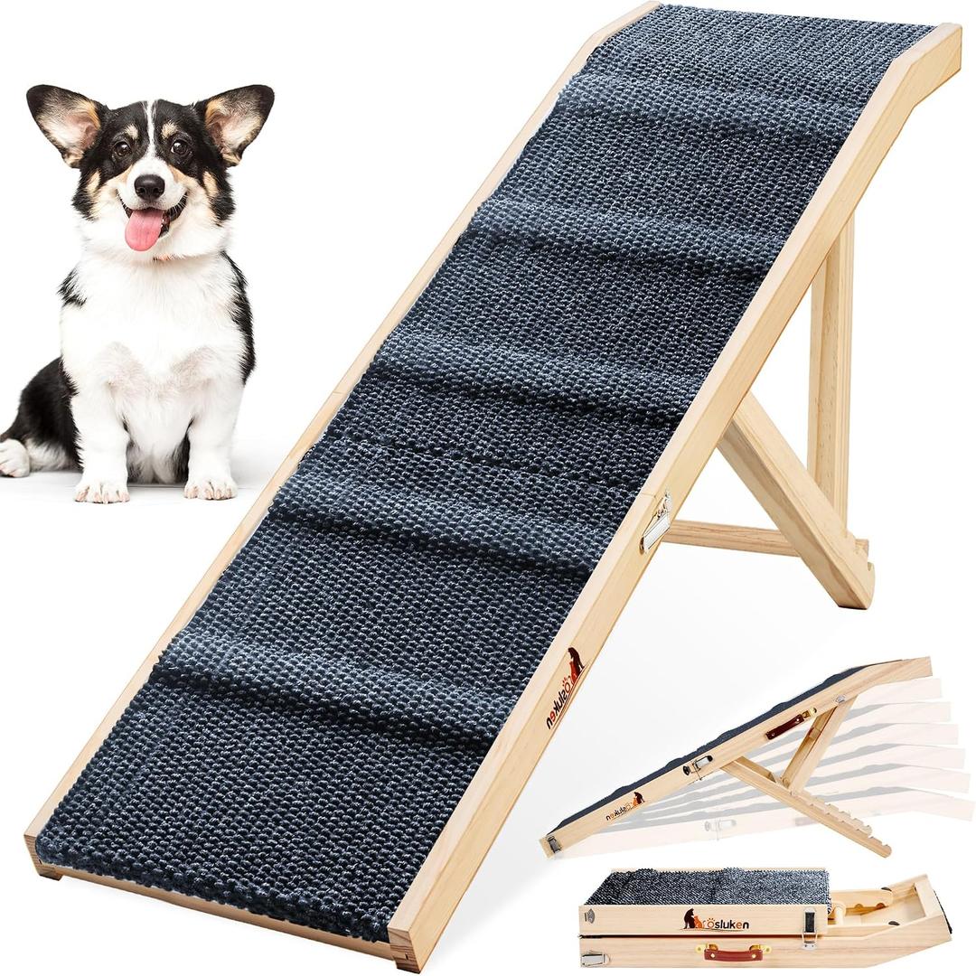 49" Long Dog Ramp for Couch Sofa & Low Bed, Foldable Pet Ramp for Small Large Dogs, High Traction with Extended Landing Platform, 4-Level Adjustable Height Wooden Ramp 18" to 21.5" Up to 220LBS