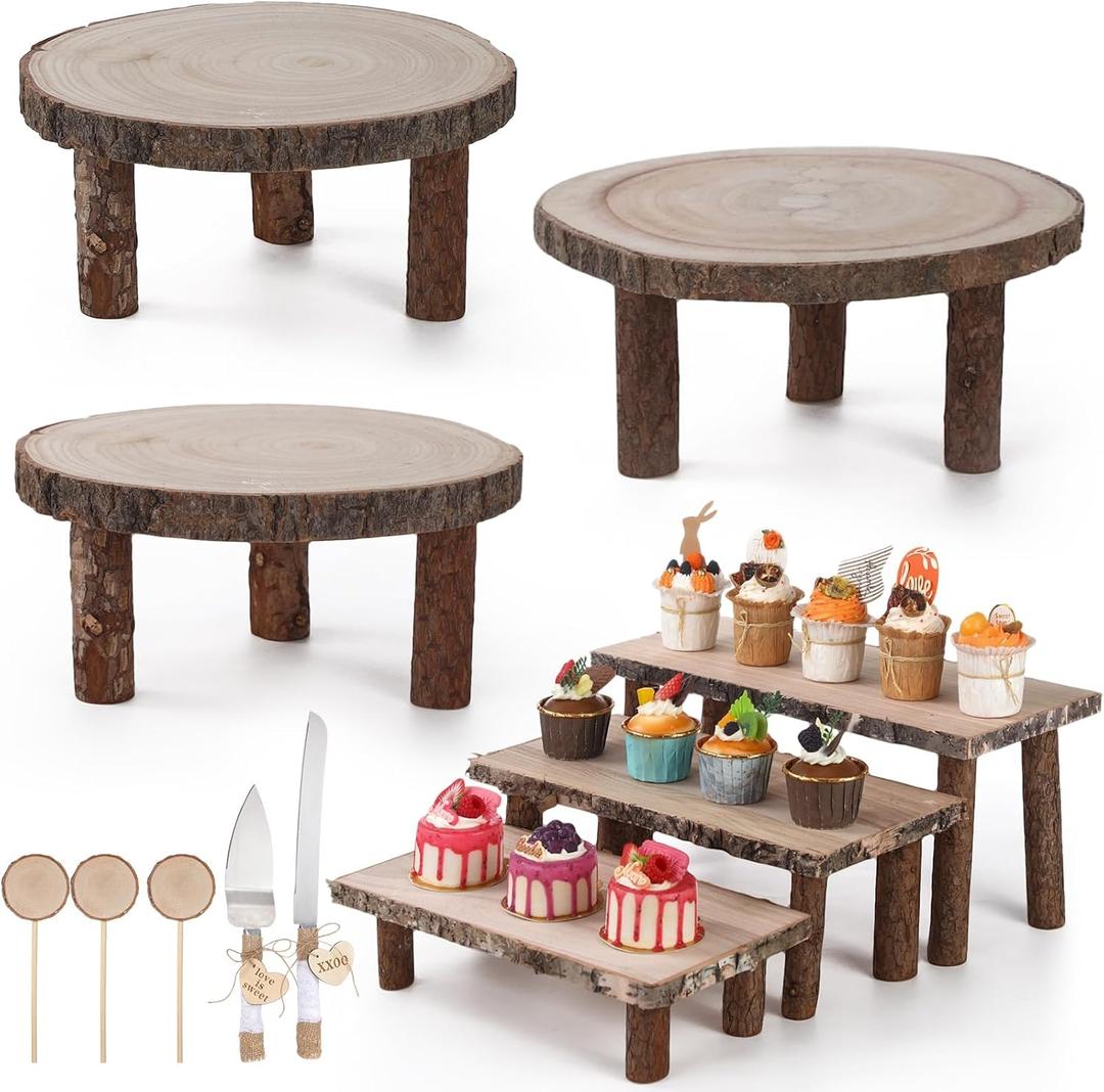 Jetec 11 Pcs Wood Cake Stand Rectangular Round Rustic Wedding Cake Holder Tray with Wooden Slice Toppers and Cutter for Wedding Reception Party Event