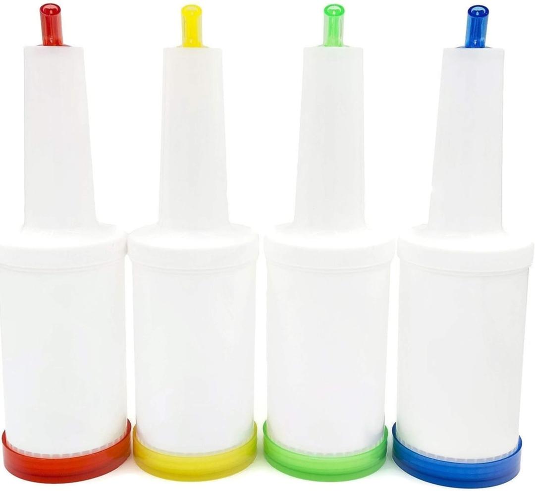 Trendy Bartender Pour and Store Flow N Stow Juice Bottles (32oz / 1 Quart, Set of 4) Commercial Grade Bar Pourers color coded with Spout and Lid for Effortless Mixing, Pouring, and Storage