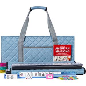 ZGME American Mahjong Set,166 White Tiles with Blue Rectangular Bag and Accessories,4 All-in-One Mahjong Racks with Pushers,Complete Western Mahjong Set
