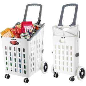 Portable Folding Shopping Cart,White Foldable Grocery Cart on Wheels,Collapsible Rolling Trolley Cart,Rolling Swivel Wheels,Utility Carts for Grocery Laundry Shopping Home