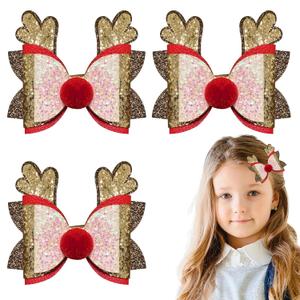 GREENTEA 3 Pack Deer Christmas Glitter Hair Bow Clips, Gold Sequin with Red Accent, Christmas Holiday Hair Accessories, for Girl Woman Decor