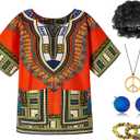 Mainfini Men's Hippie Costume 60s 70s T-Shirt Afro Outfits Accessories Set Peace Sign Necklace (Large)