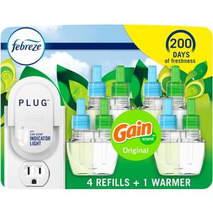 Febreze Plug-In Air Freshener, Odor-Fighting Scented Oil Starter Kit, Air Fresheners for Home, Bathroom and Kitchen, Long Lasting, Gain Original Scent, Warmer + 4 Refill, Multicolor