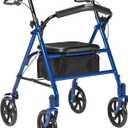 Drive Medical 10257BL-1 4 Wheel Rollator Walker With Seat, Steel Rolling Walker, Height Adjustable, 7.5" Wheels, Removable Back Support, 300 Pound Weight Capacity, Blue