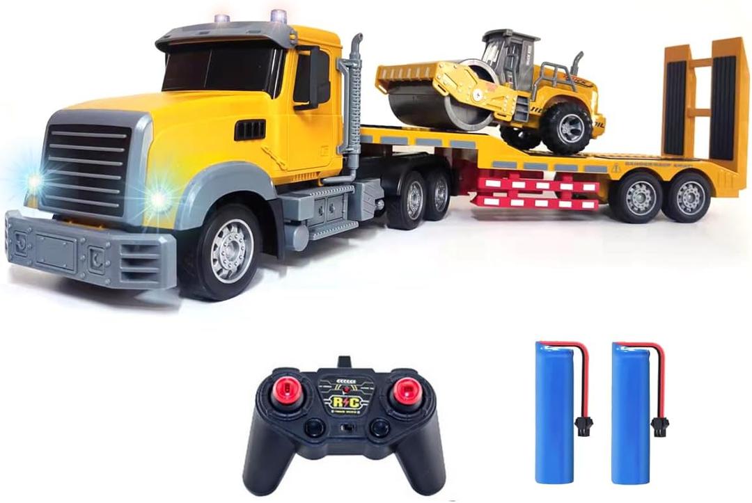 Remote Control Semi Truck Toy For Kids - 1:24 RC Semi-trailer Engineering Tractor With Sound And Lights, Trailer Truck Toy With Inertia Roller, Construction Vehicles For Boys & Girls 3-8 Years Old