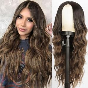 AISI QUEENS Long Brown Wavy Wigs for Women, Ombre Brown Curly Wig Middle Part Hair Replacement Wigs Synthetic Heat Resistant Fibers for Daily Use