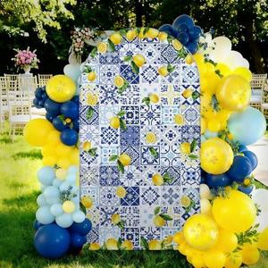 VitalCozy Blue Tiles Lemon Decor 7.2ft Amalfi Coast Lemon Arch Cover Spring Summer Birthday Party Decorations Spandex Fitted Arch Stand Covers Round Top Blue Yellow Decor for Wedding Bridal Shower (10.43"L x 9.06"W)