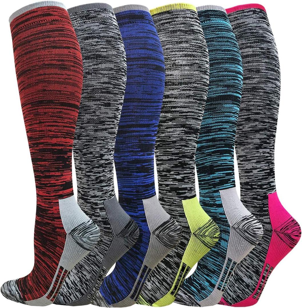 6 Pairs Plus Size Compression Socks for Men & Women Wide Calf 20-30 mmHg Graduated Compression Stockings for Thigh Toe Medias Hombre Tube Diabetic Aids Inserts Knee Sleeve Gear(Stripe04,2XL-3XL)