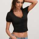 CSDAJIO Women's Short Sleeve Deep V Neck Lace Top Ruhced Front Low Cut T Shirt Fitted Cropped Tee (S)