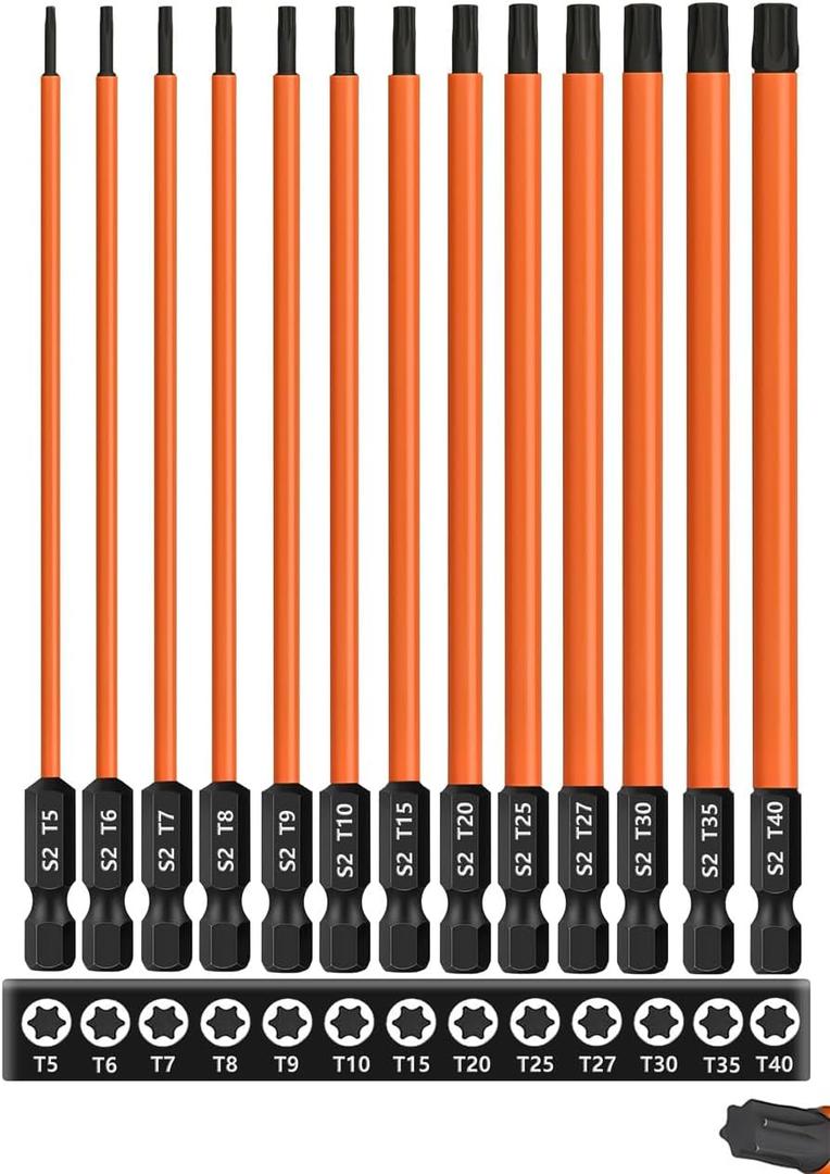 13-Piece 6 inch /150 mm Long Torx Bit Set for Impact Driver, S2 Steel Star Bit Set (T5-T40), 1/4'' Hex-Shank Magnetic Torx Screwdriver Bit, Torx Head Drill Bit Set with CNC Machined Tips