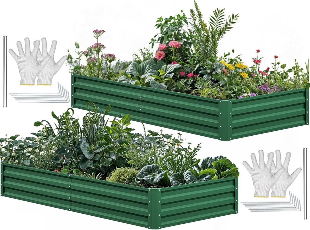 YITAHOME 72x36x12 in 2pcs Galvanized Raised Garden Bed Kit, Large Metal Planter Box with Gloves & Support Rod, Outdoor Flower Bed for Plants Vegetables, Green, 6x3x1ft 2pcs
