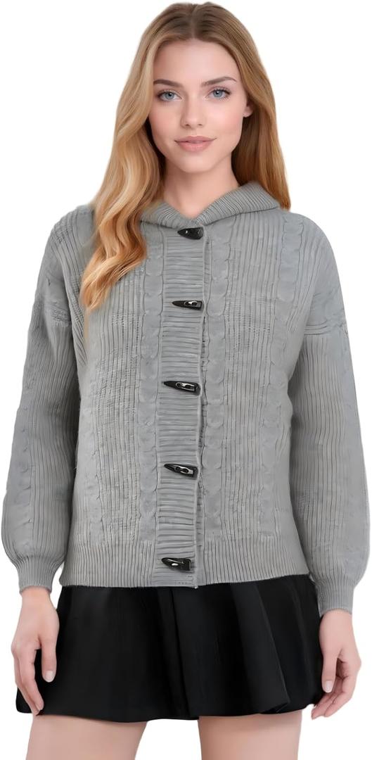 Women's Fashion Hooded Knit Open Front Sweater Long Sleeve Button Outerwear Coats (Gray, S)