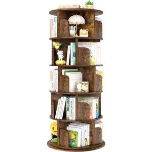 Aheaplus Rotating Bookshelf, 360 Display Wood Spinning Bookshelf Tower, 5 Tier Floor Standing Bookcase Storage Rack, Revolving Bookcase Corner Bookshelfs for Small Space, Study, Bed Room, Rustic Brown