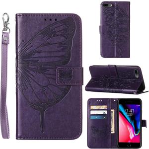 for iPhone 7/8 Plus Wallet Case, 6/6S Plus Case, Butterfly Floral Embossed, Wrist Strap, Card Holder Slots,Stand Leather Protective Flip Cover (Purple)