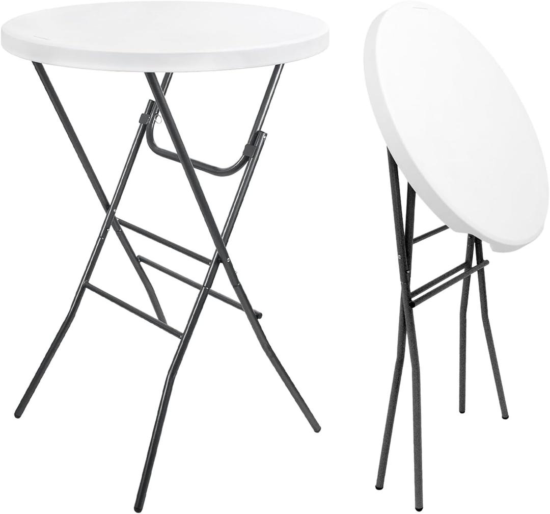Cocktail Table 28in Portable Folding Bar Height Table, Compact Round High Top Plastic & Steel Bistro with Removable Legs, for Indoor Outdoor RV Patio Catering Parties Commercial Events-1pc (White)