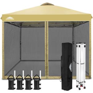 10x10 Outdoor Easy Pop up Canopy with Netting, Instant Screen Party Tent with Mesh Side Walls, Beige 