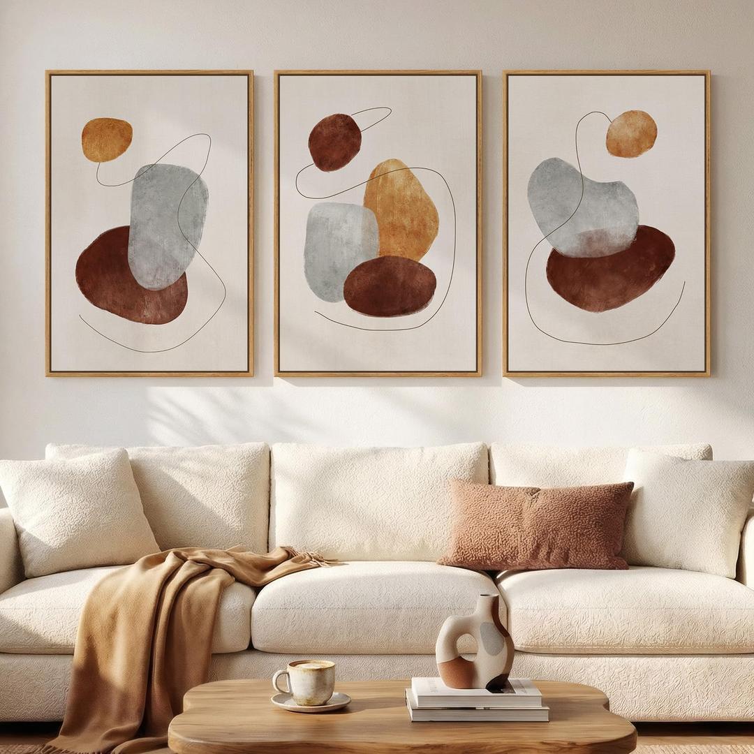 Large Neutral Abstract Canvas Wall Art for Living Room, 3 Piece Framed Wabi-Sabi Prints Paintings Artwork for walls, Minimalist Modern Pictures Wall Decor for Bedroom, Office, Dining Room, 24x36 In