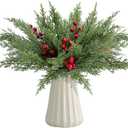 60 Pcs/Set Christmas 3D Artificial Pine Branches- 12.5 Inch Faux Evergreen Cedar Sprigs Branches- Fake Foliage Pine Needles Picks with Artificial Red Berry Stems for DIY Christmas Decoration