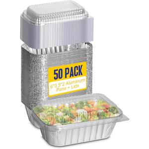 Small Aluminum Pans with Lids, 50 Pack Disposable Aluminum Loaf Pans 6x3.5x2 Inch, Thick Foil Pans Cookware for Baking Cakes, Bread, Meatloaf, Mini
