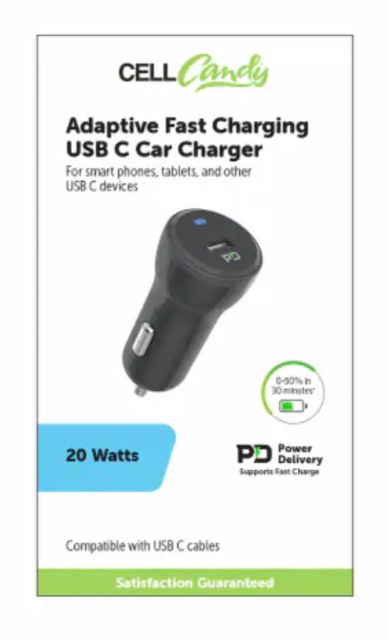 Cell Candy Adaptive Fast Charging USB C Car Charger 20W