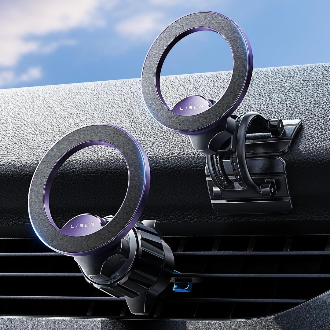 LISEN for MagSafe Car Mount, Magnetic Phone Holder, 360 Hands Free Vent iPhone Magnetic Car Mount, Magnet Phone Holder with Dashboard Pads & Mats for iPhone 17 16 15 14 13 12 Pro Max Plus Mini,Purple