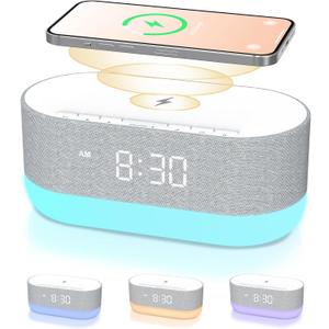 HOUSBAY 3 in 1 Sound Machine Alarm Clock& Wireless Charger: Soothing White Noise, Bluetooth Music Relaxation & Customized Sleep-Wake Routine (Grey)
