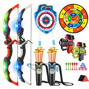VATOS 2 Pack Bow and Arrow Toy with LED Light - 4 in 1 Archery & Dart Game Set with 20 Suction Cup Arrows, Shark Glow Target & Dart Board - Indoor/Outdoor Birthday Gift for Kids Boys Girls Ages 5-12 (Blue)