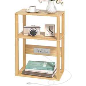 YUFAM Small Narrow Wood Side Table with Charging Station, 3-Tier Slim End Table for Small Space, Skinny Nightstand with Storage for Couch, Thin Bedside Table with USB Ports and Outlets, Natural, 1 Pack