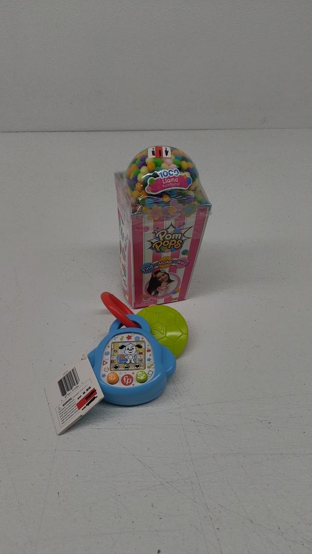 Pack of 2: 1) Sunny Days Entertainment Pom Pops - Surprise DIY Craft Activity Kit for Kids - Receive Either The Unicorn, Mermaid or Llama Style - Colors and Styles May Vary & Fisher-Price - Laugh & Learn Digipuppy, 2) Fisher-Price Laugh & Learn DigiPuppy Pretend Handheld Digital Pet Musical Toy