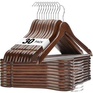 HOUSE DAY Walnut Wooden Hangers 30 Pack, Heavy Duty Wooden Coat Hanger for Closet, Solid Wood Hanger with Non Slip Pant Bar, Smooth Finish Wood Clothes Hangers for Shirts, Suits, Jackets, Dress